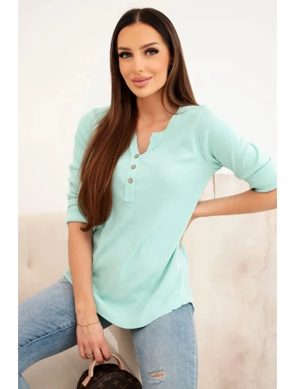 Dámská bavlněná blůza s dlouhým rukávem a knoflíky u výstřihu mátová