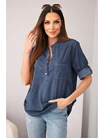 Dámská bavlněná košilová halenka s krátkým rukávem a kapsičkou tmavě modrá