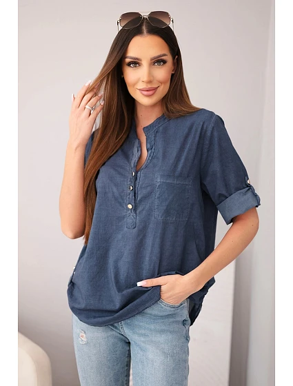 Dámská bavlněná košilová halenka s krátkým rukávem a kapsičkou tmavě modrá