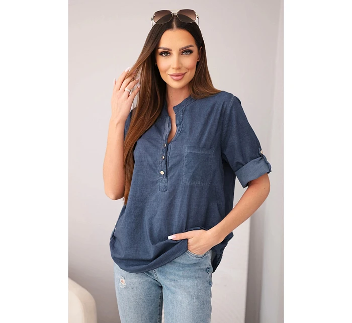 Dámská bavlněná košilová halenka s krátkým rukávem a kapsičkou tmavě modrá