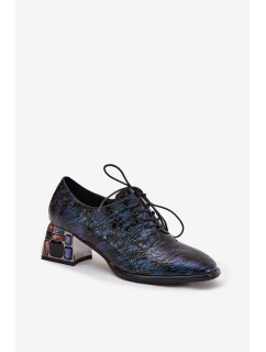 Dámské kožené lakované polobotky na podpatku s krystalky Artiker – tmavě modré