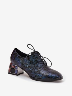 Dámské kožené lakované polobotky na podpatku s krystalky Artiker – tmavě modré