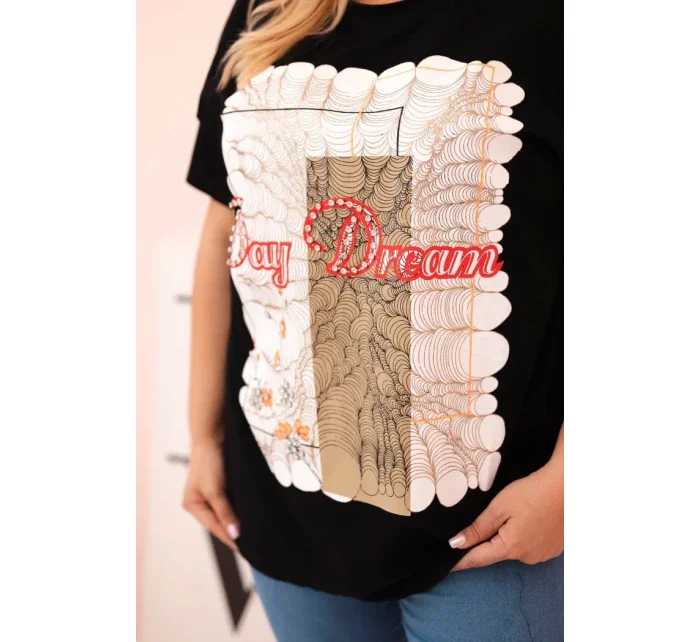 Dámská bavlněná halenka Plus Size s potiskem „Day Dream“ černá + camel