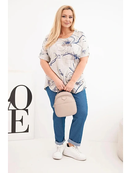 Dámská bavlněná halenka Plus Size s krátkým rukávem a kapsou béžová