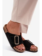 Kožené semišové dámské pantofle s přezkou černé model 22120816 - Boto