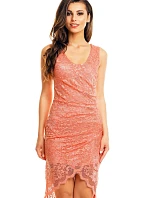 Společenské a plesové šaty MAYAADI krajkové s asymetrickou sukní lososové - Růžová / XL - MAYAADI