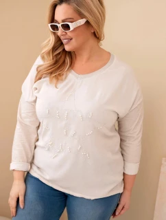 Dámská blůza Plus Size s potiskem a perlami béžová