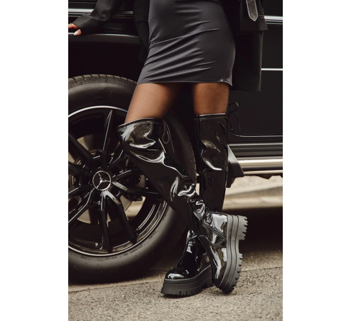 Lakované Kozačky Nad Kolena Na Masivní Platformě Černé Ravela Lakované Kozačky Nad Kolena Na Masivní Platformě Černé Ravela