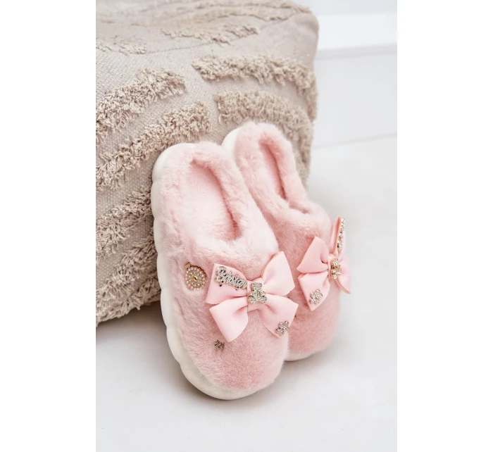 Futrzané Pantofle S Mašlí A Brožemi Růžové Annalira