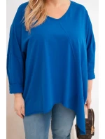 Dámská bavlněná blůza Plus Size s asymetrickým lemem a výstřihem do V chabrová