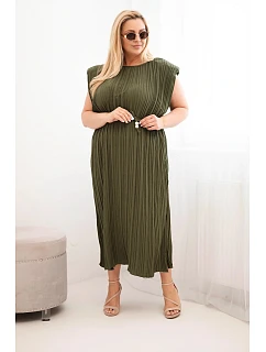 Dámské viskózové plisované šaty Plus Size s vázáním khaki