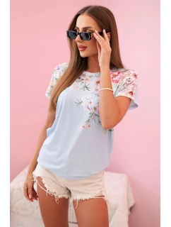 Dámská bavlněná blůza s krátkým rukávem a květinovým potiskem modrá