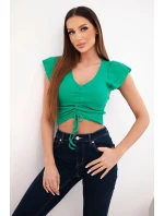 Dámská žebrovaná pruhovaná halenka na ramínkách s volánkem zelená