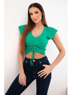 Dámská žebrovaná pruhovaná halenka na ramínkách s volánkem zelená