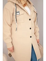 Dámský kabát Plus Size s kapucí model 22136655 na knoflíky tmavě béžový - K-Fashion