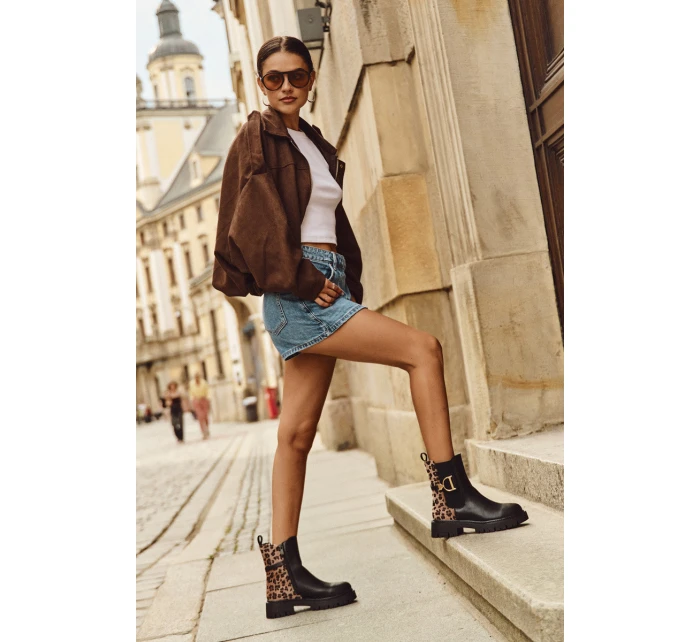 Zateplené Kotníkové Boty Dámské S Zlatým Panterka Černé model 21710048 - Boto Zateplené Kotníkové Boty Dámské S Zlatým Panterka Černé model 21710048 - Boto