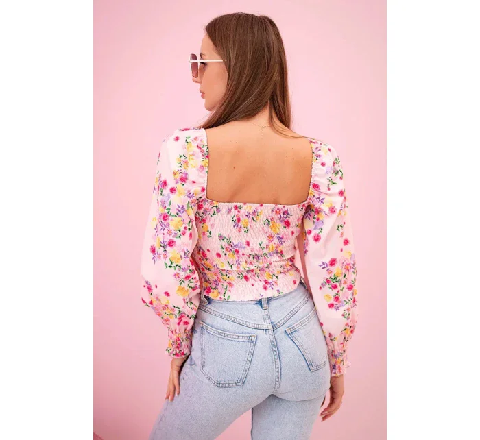 Dámská španělská halenka s květinovým vzorem, dlouhý rukáv světle růžová