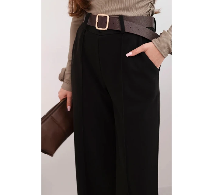 Dámské elegantní kalhoty s páskem a širokou nohavicí černé Dámské elegantní kalhoty s páskem a širokou nohavicí černé