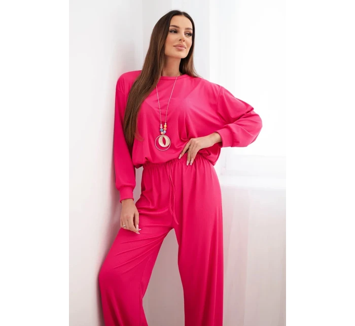 Dámský komplet viskózová mikina s přívěskem a široké kalhoty fuchsie