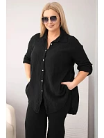 Dámský komplet Plus Size s košilí na knoflíky a kalhotami se širokými nohavicemi černý model 22069907 - K-Fashion