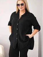 Dámský mušelínový komplet Plus Size s košilí zapínanou na knoflíky a kalhotami se širokými nohavicemi černý