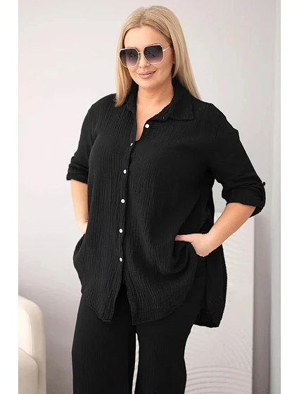 Dámský komplet Plus Size s košilí na knoflíky a kalhotami se širokými nohavicemi černý model 22069907 - K-Fashion