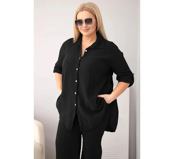 Dámský komplet Plus Size s košilí na knoflíky a kalhotami se širokými nohavicemi černý model 22069907 - K-Fashion