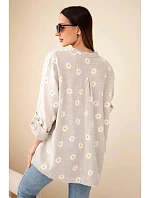Dámská model 22148018 halenka s květinovým vzorem, dlouhým rukávem a knoflíky tmavě béžová - K-Fashion