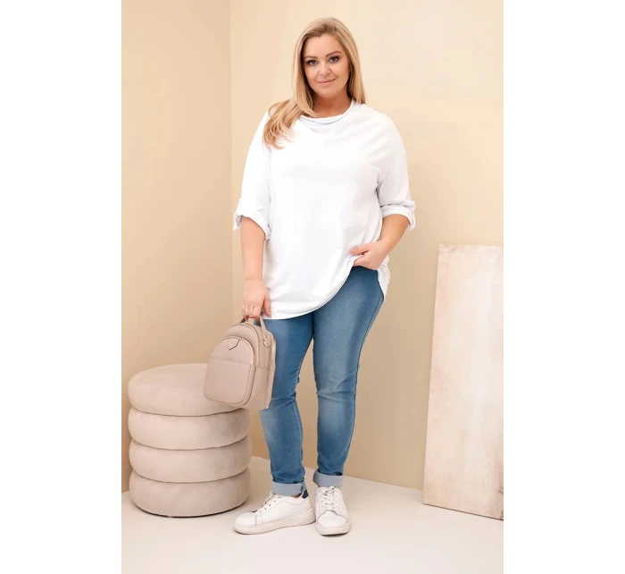 Dámská blůza Plus Size s bavlnou volného střihu s vodním výstřihem bílá