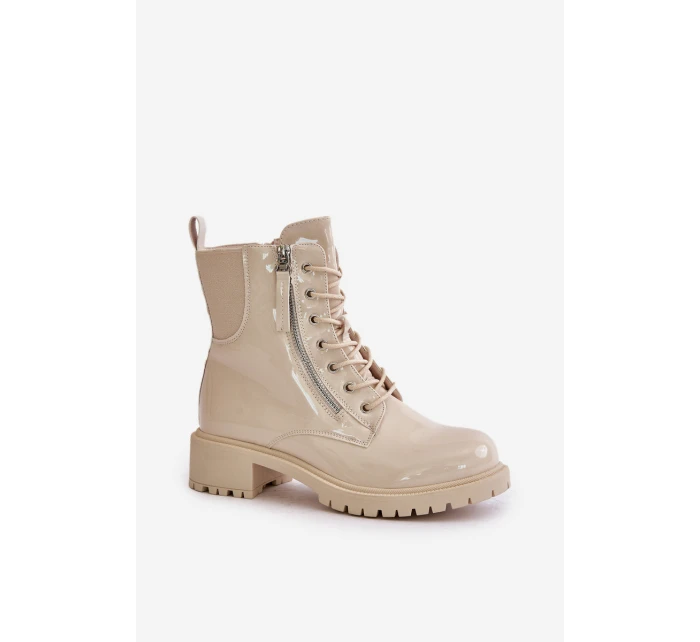 Lakované boty workerky na zip zateplené béžové Ravanthia Lakované boty workerky na zip zateplené béžové Ravanthia