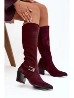 Kožené semišové kozačky na podpatku s přezkou  Bordó model 21772351 - Zazoo