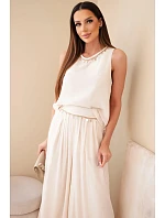 Dámský komplet s model 22048793 top bez rukávů a kalhoty se širokou nohavicí a ozdobným zakončením béžový - K-Fashion