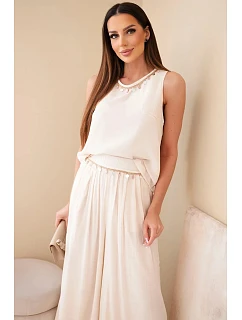 Dámský komplet s model 22048793 top bez rukávů a kalhoty se širokou nohavicí a ozdobným zakončením béžový - K-Fashion