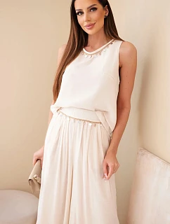 Dámský komplet s model 22048793 top bez rukávů a kalhoty se širokou nohavicí a ozdobným zakončením béžový - K-Fashion