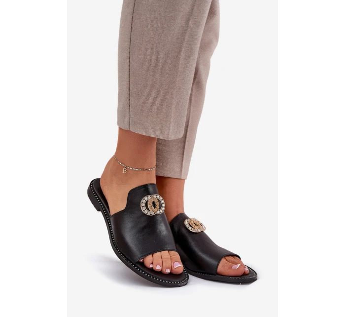 Elegantní Dámské Kožené Pantofle S Dekorací Zazoo 3008 Černé