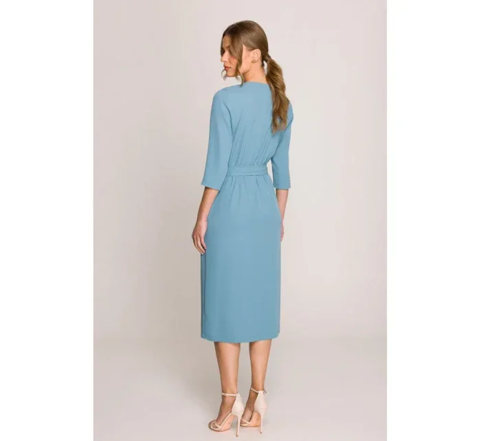 S396 Šaty se zavinovacími detaily ve střední délce - nebesky modré