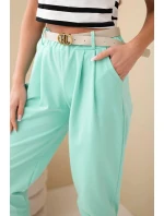 Dámské bavlněné kalhoty s vysokým pasem a páskem mátové