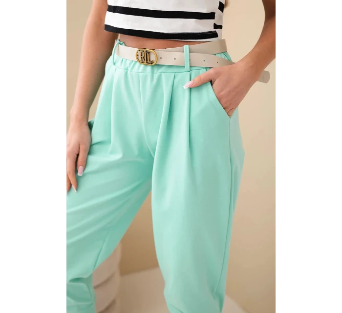 Dámské bavlněné kalhoty s vysokým pasem a páskem mátové