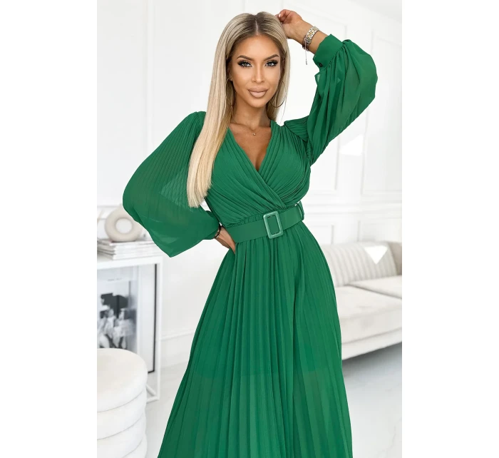 KLARA Světle zelené dámské plisované šaty s výstřihem a opaskem model 21109897 - numoco basic