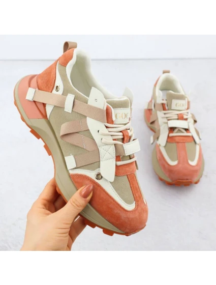 Dámské kožené tenisky béžové a oranžové model 21904648 - Goe