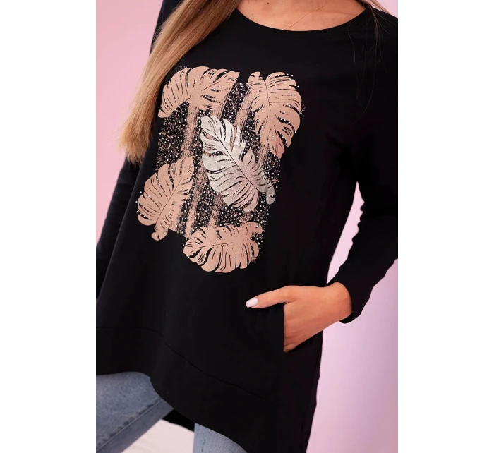 Dámská halenka s kapsami a ozdobným potiskem černý Dámská halenka s kapsami a ozdobným potiskem černý