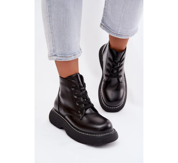 Dámské zateplené kotníkové boty na platformě s šněrováním Černé model 21935154 - Boto