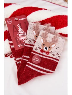 Dámské vánoční ponožky s motivem soba a proužky – červené (vlna alpaka)