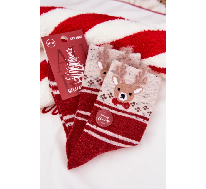 Dámské vánoční ponožky s motivem soba a proužky – červené (vlna alpaka) Dámské vánoční ponožky s motivem soba a proužky – červené (vlna alpaka)