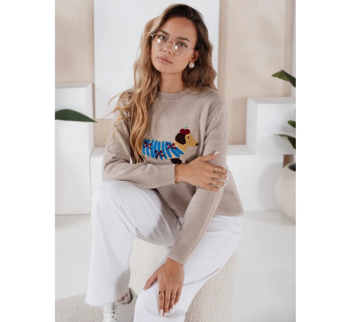Dámský svetr s aplikací psa CHICPAWS béžový FashionStreet MY2543