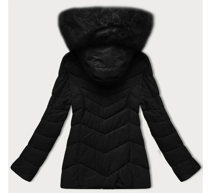 Černá prošívaná bunda pro přechodné období s kožešinou u kapuce model 21787485 - S'WEST