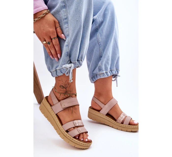 Dámské kožené sandály se suchým zipem růžové Fresh Look