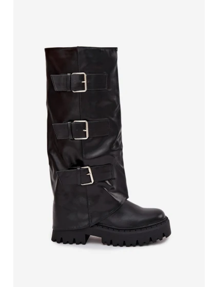 Dámské kozačky s teplou podšívkou se stříbrnými přezkami Isavine – černé
