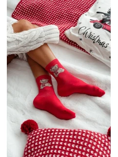 Dámské vánoční ponožky s medvídkem v čepici Santa – červené