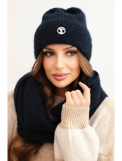 Dámská souprava s čepicí a šálou z měkké pleteniny modrá